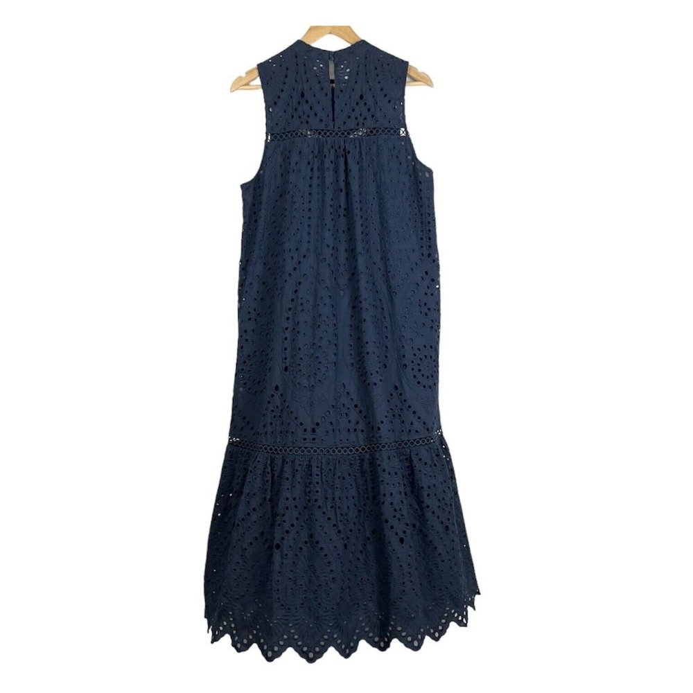 New Sussan Women’s Midi Dress Navy Blue Broderie Scallop Hem Cotton Size L 14 - Picture 5 of 10